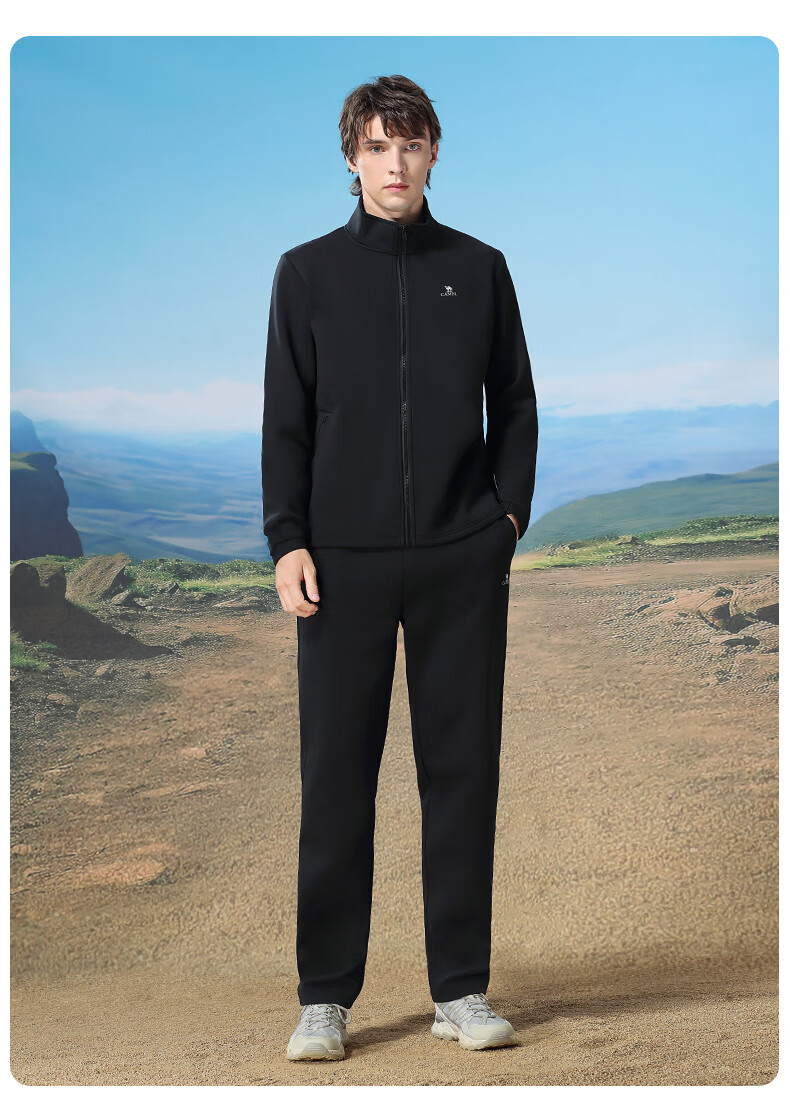 CAMEL Men's Casual Running Jacket with Stand Collar Long Sleeve Two-Piece Sports Set Y14CY0L2614 Phantom Black L 16