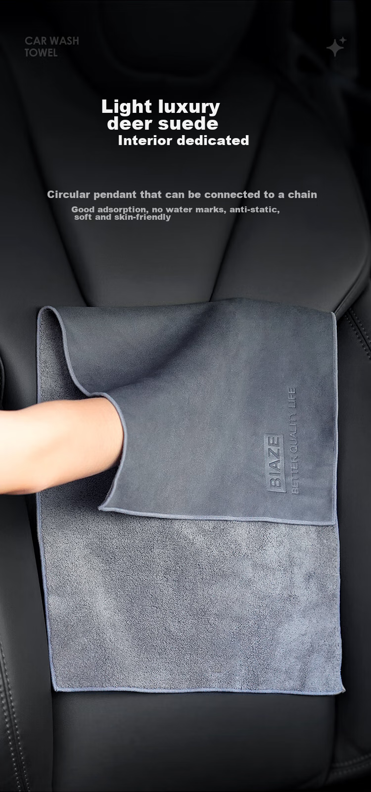BIAZE Car Wash Towel, Specialized Car Cleaning Cloth, Vehicle Towel, Suede Absorbent Stain-Free Wiping Cloth, Extended Length, Single Pack 5