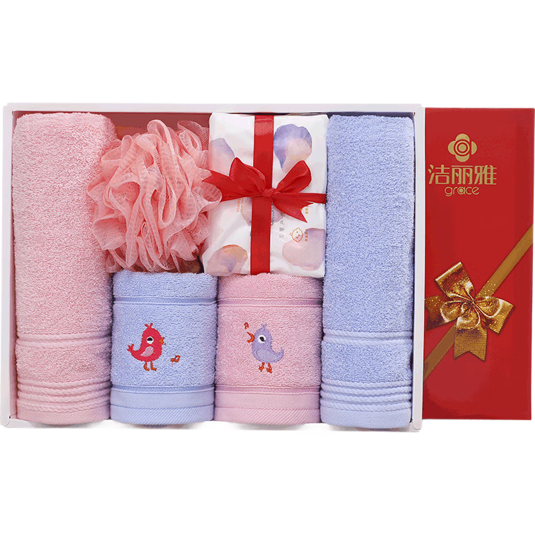 Grace Towel Gift Set, 6 Pieces, Long-Staple Cotton, Absorbent Towels with Bath Flowers, Company Benefits, Excluding Handbags, Sports