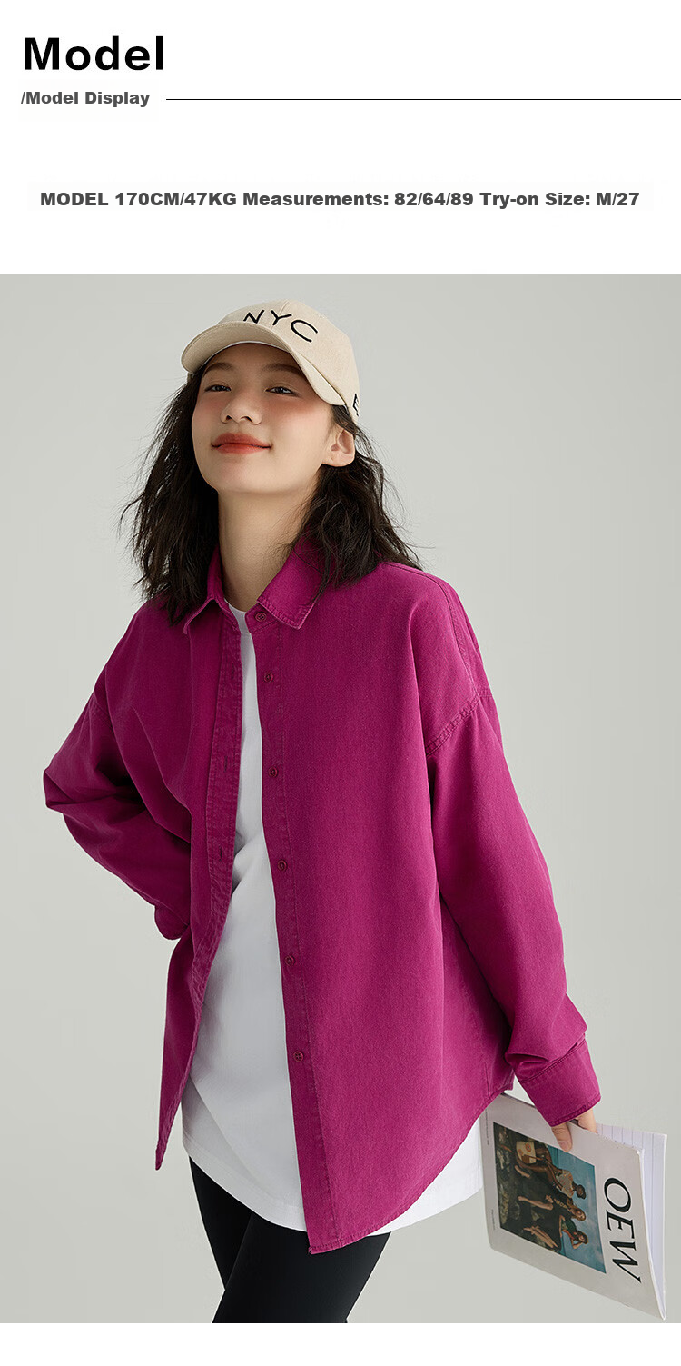 Dme Vintage Washed Spring Elegant Magenta Loose Fit Turndown Collar Long Sleeve Blouse for Women, Purple-Red, Size M 9