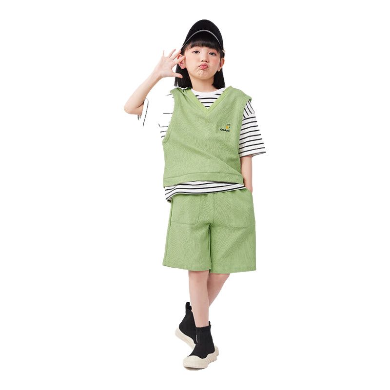 QQ DUCK Girls' Summer Outfit Set, Children's Sports Short-Sleeve Shorts, Youth Clothing, Waffle Texture, Green; Size 120