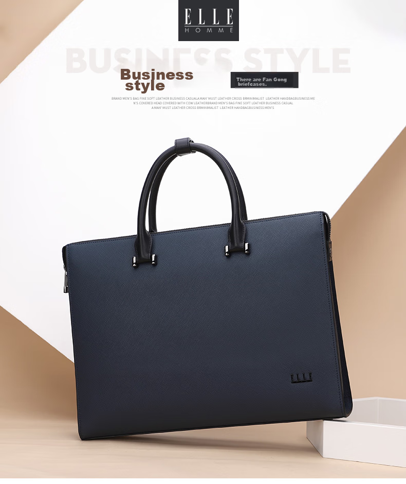 ELLE HOMME Men's Business Briefcase, Stylish Horizontal Cowhide Handbag, Large Capacity Laptop Bag for Men EA088208911 Blue 4