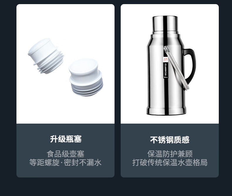 TIANXI Insulated Thermos, Household Hot Water Bottle, Large Capacity Warm Water Jug, Glass Inner Liner, Large Capacity Stainless Steel, 2L Gift 1