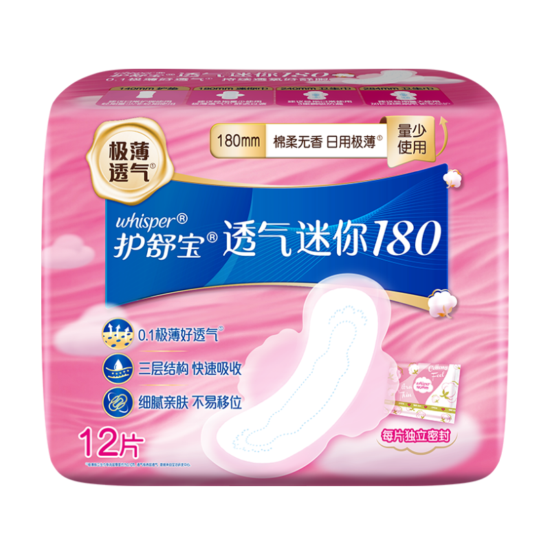 Hushubao Breathable Cloud-Feel Cotton Mini Pads, Low Absorbency Daytime Use, 180mm, 12 Pieces, Menstrual Pads And Panty Liners Trial Pack, Sold by JD
