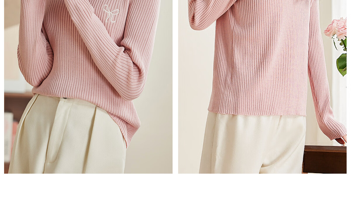 PinCai Women's Knit Sweater, Early Autumn Round Neck Bow Embroidery Knit Top, Slim-Fit Base Layer Sweater P143Z3009 34