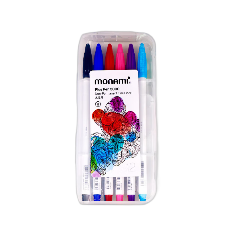 Monami New P3000 Fiber Pen Set, Water-Based Pens, Colored Gel Pens, Watercolor Pens, Outline Pens, Journal Pens, Regular 12 Colors 04009Z12-R Watercolor Pens