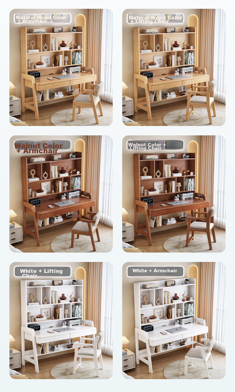 Huazhou Desk, Home Modern Minimalist Computer Desk, Bedroom Study Table with Bookshelf, Office Desk, 0.9 Meter, Walnut Color, Single Desk 12