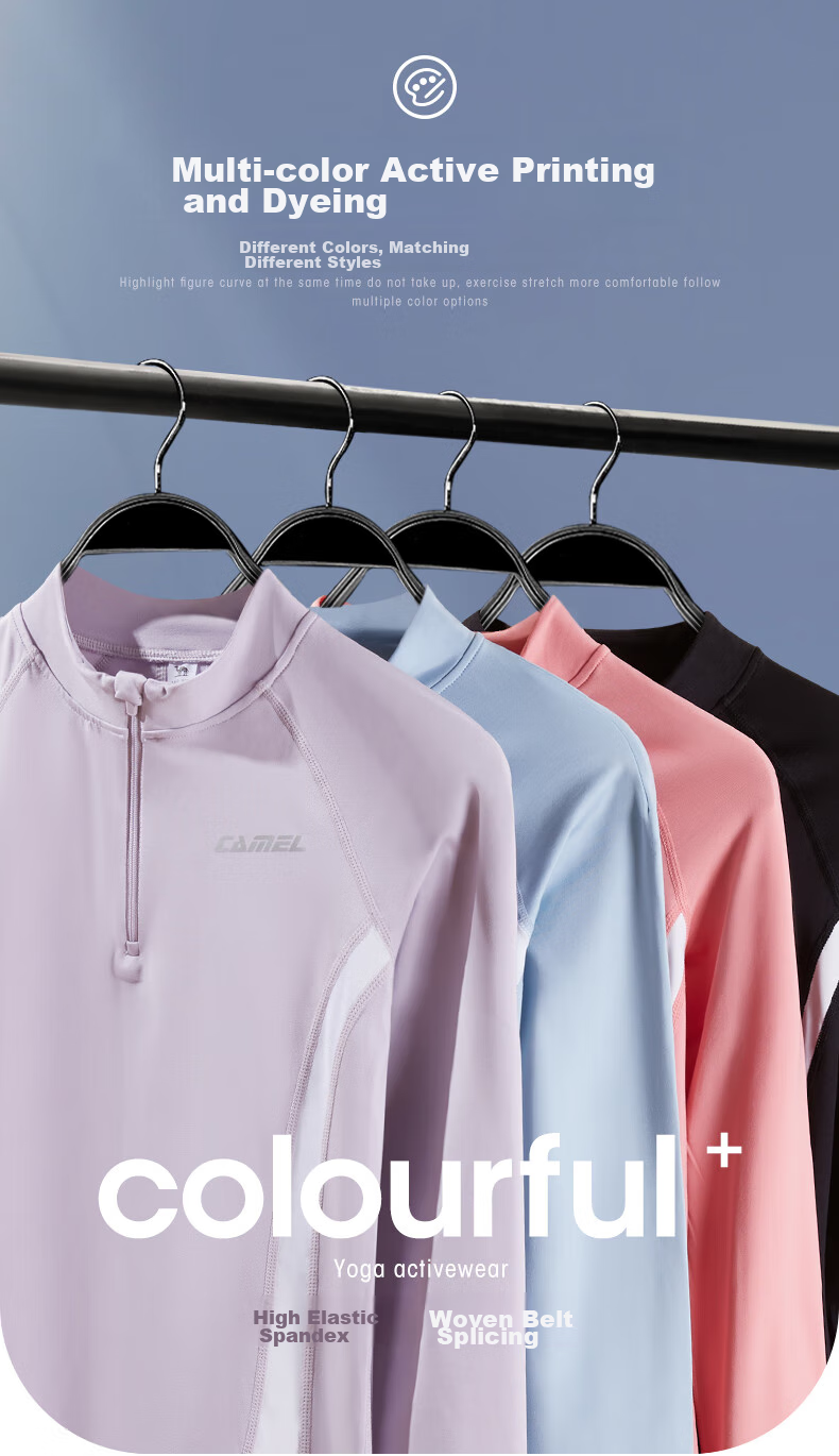 CAMEL Thin Fleece Sports Top for Women, Stand-Up Collar Long Sleeve Running Fitness T-Shirt C1W14L0623 Peach Pink S 12