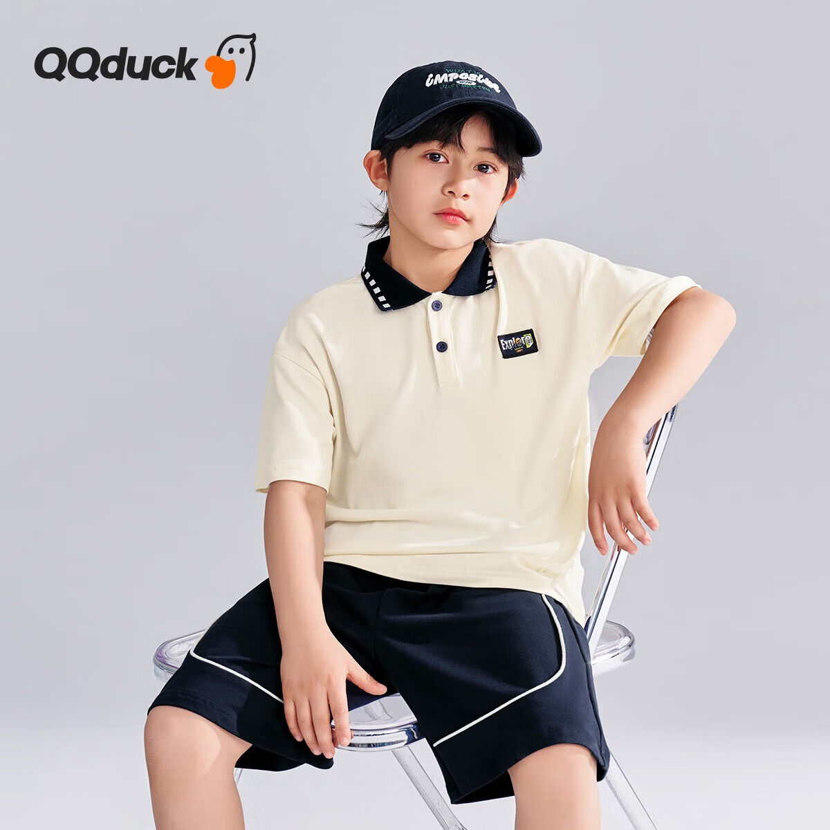 QQ DUCK Children's Clothing Set, Boys' Short-Sleeve Shorts, Big Kids' Sportswear, Student Clothes, Exploration Beige; 130