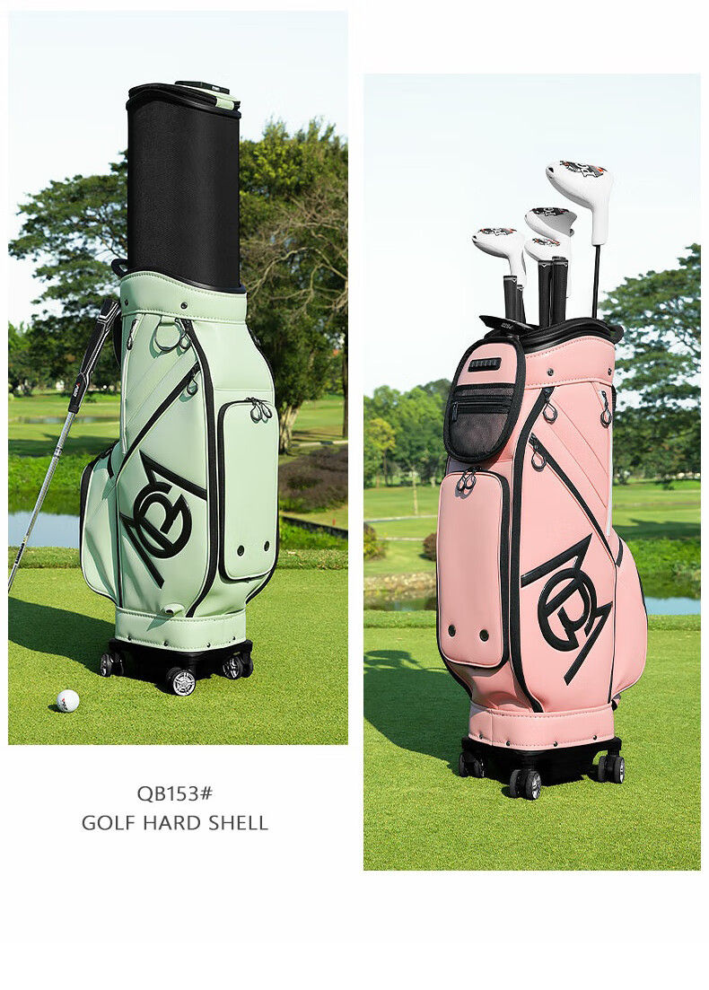 PGM Golf Bag, Hard Shell Expandable Bag, Four-Wheel Flat Push, Airline Carry-On, Reversing Golf Clubs, Soft Leather, Off-White Color 8