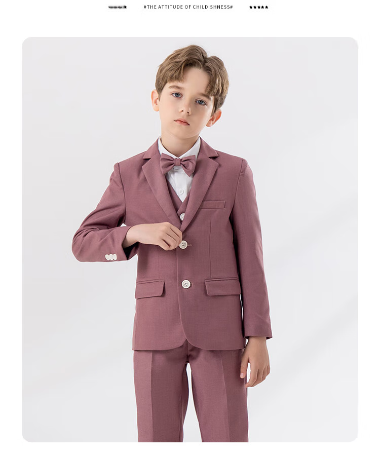 LUOBOBEIBEI Children's Small Suit, Handsome Boys' British Style Blazer Jacket, Spring New Year Outfit, Pink Four-Piece Set, Size 140 4