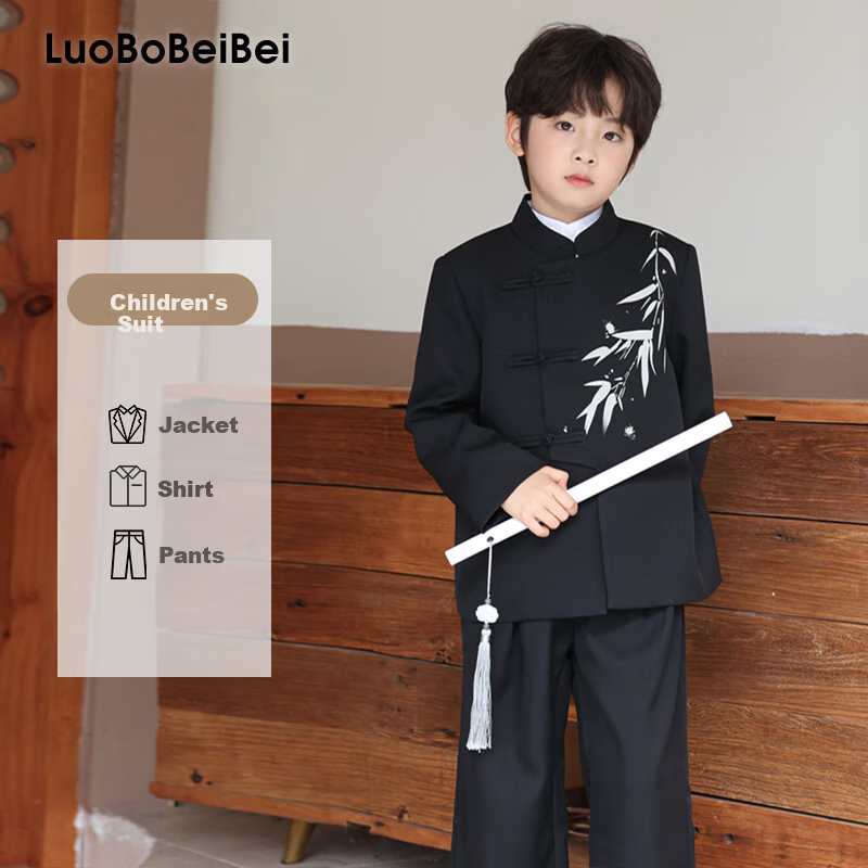 LUOBOBEIBEI Boys' New Chinese-Style Formal Wear, Winter Fleece-Lined Jacket, Children's National Style Suit Tang Costume, Black Three-Piece Set, Size 140