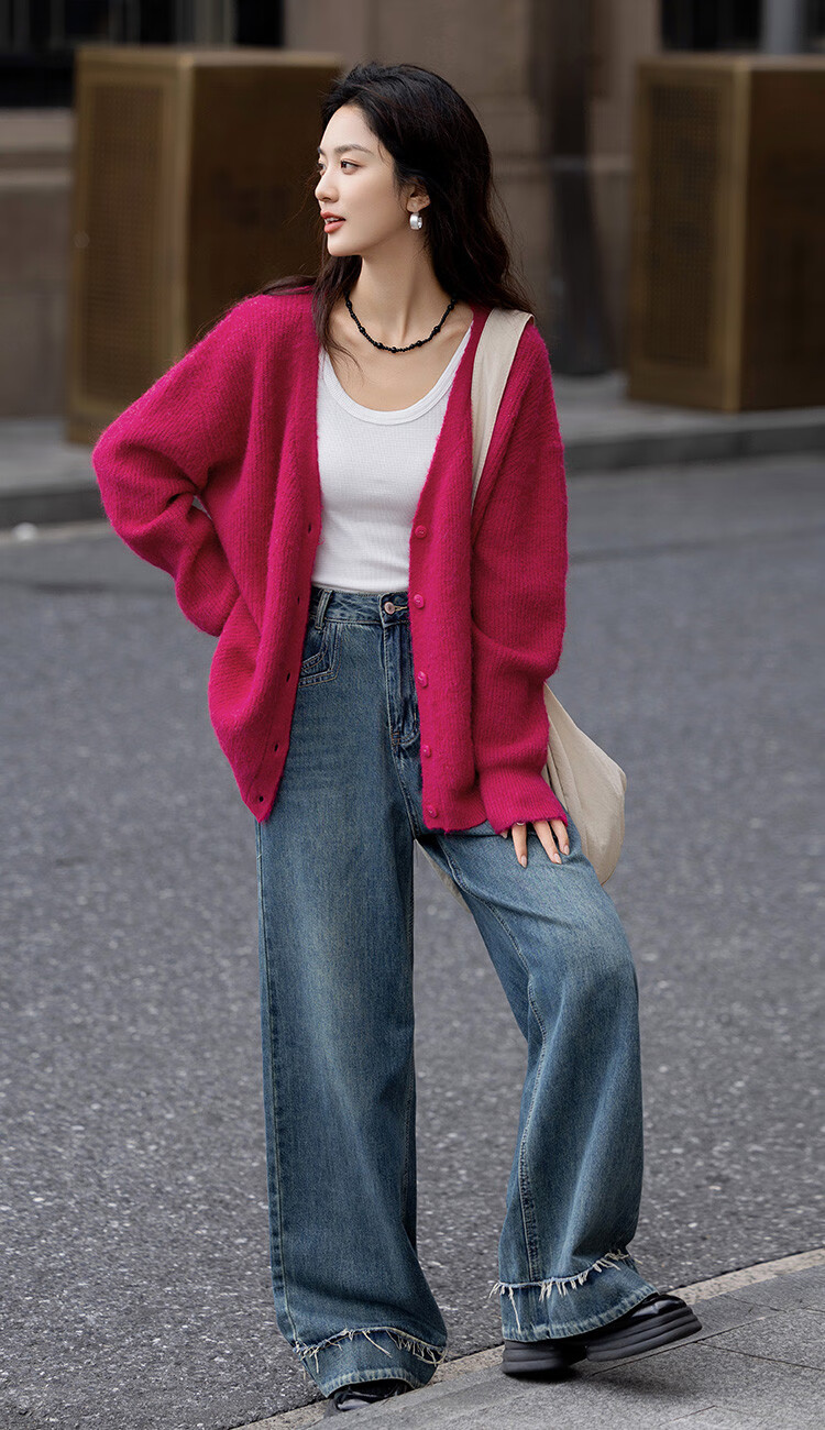 Dme [Duobangyan Rose Red] Spring And Autumn Cardigan-Style, Brightening Effect, Elegant Long-Sleeve Soft Knit Sweater for Wome 4
