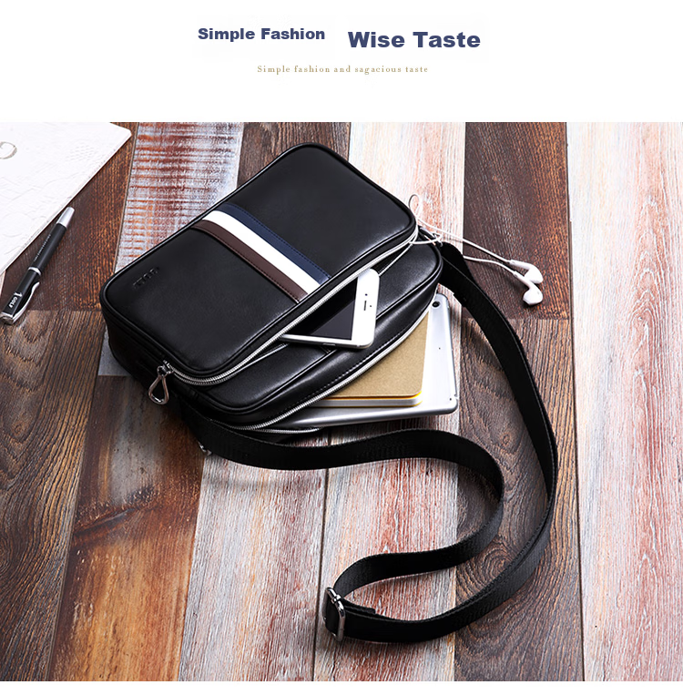 GOLF Shoulder Bag for Men, Top-Grain Leather with Microfiber Crossbody Bag, Business Commute Contrasting Color Messenger Bag, Black 15