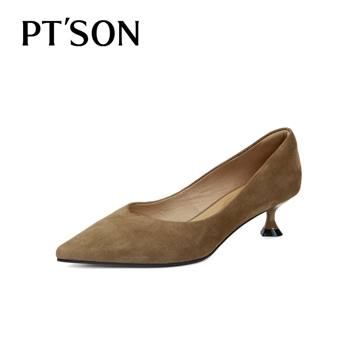 PT'SON Cat Kitten Black High Heels for Women, Spring And Autumn Soft Lambskin Work Shoes, Commuter Low-Cut Pumps, Sand Brown, Size 40