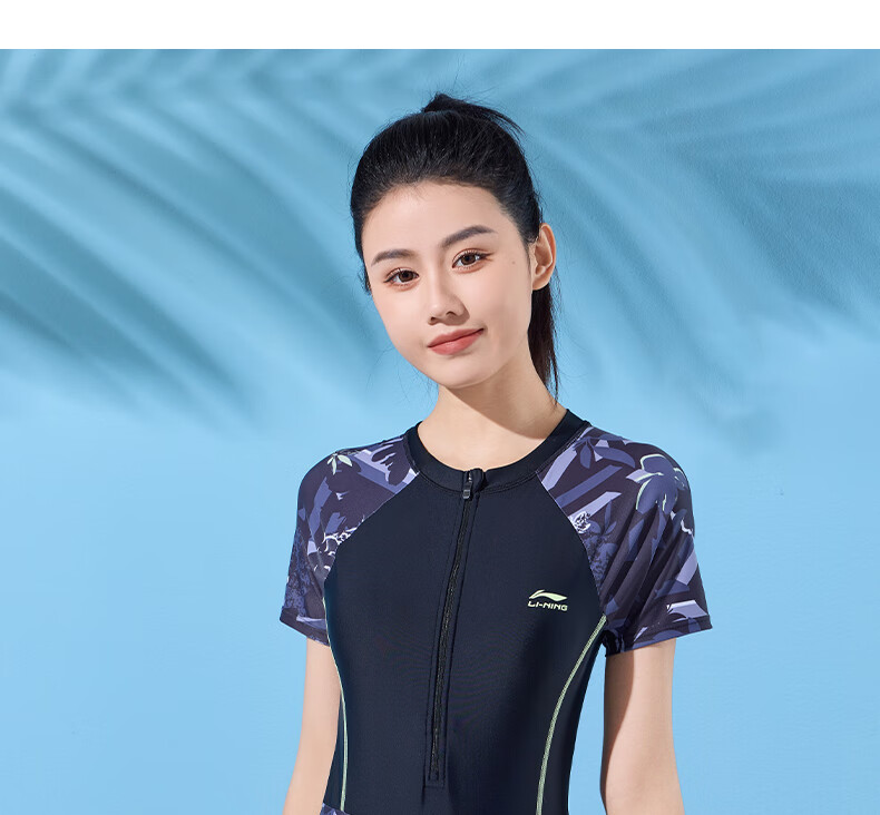 Li-Ning Women's Swimsuit, Fashionable One-Piece Boyleg Casual High-Waist Slimming High-Elastic Breathable Hot Spring Swimwear, 501 Black Floral Pattern, Size L 19