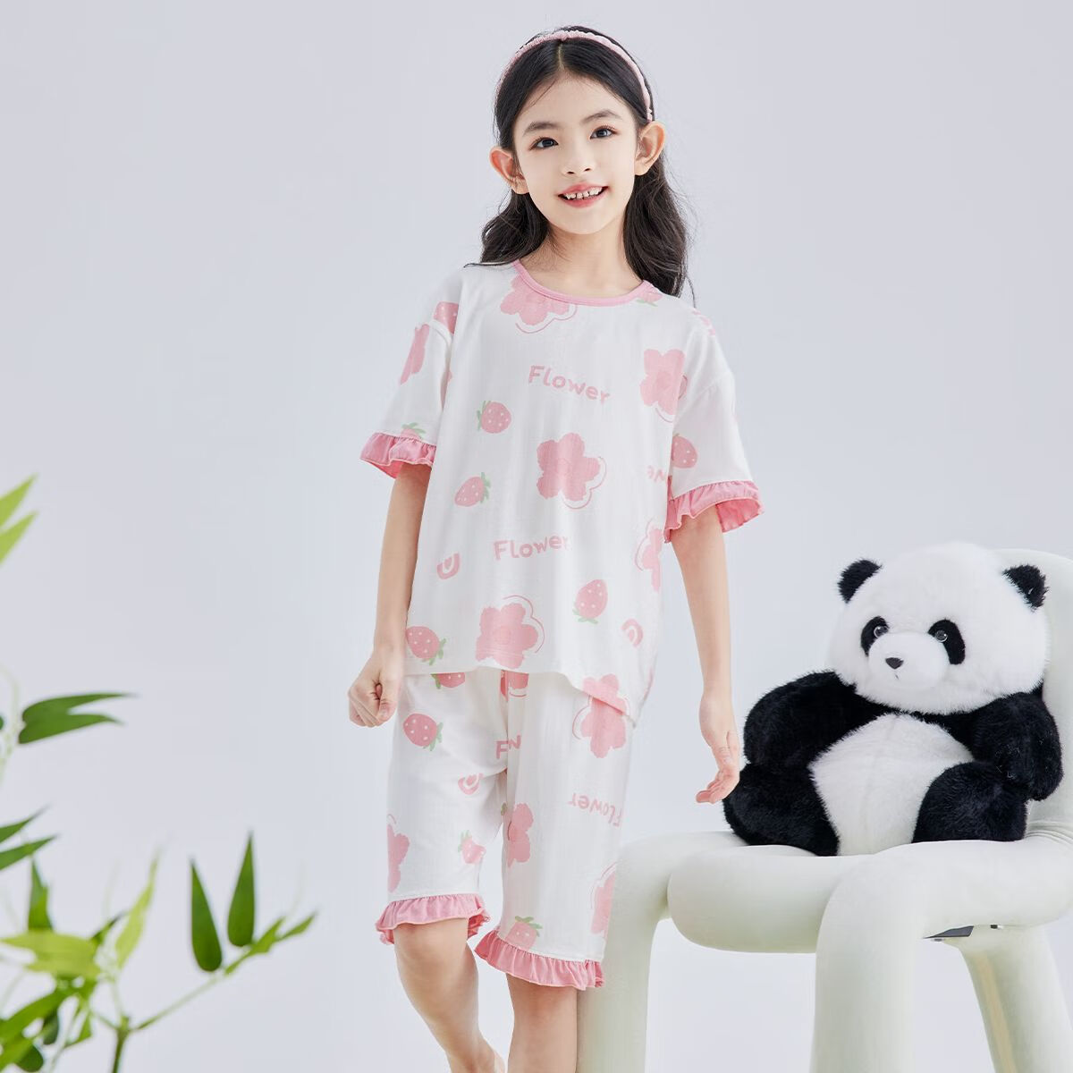 DEESHA [7A Antibacterial Bamboo Fiber Series] Girls' Summer Short-Sleeve Shorts, Big Kids' Loungewear, Skin-Friendly Pajamas