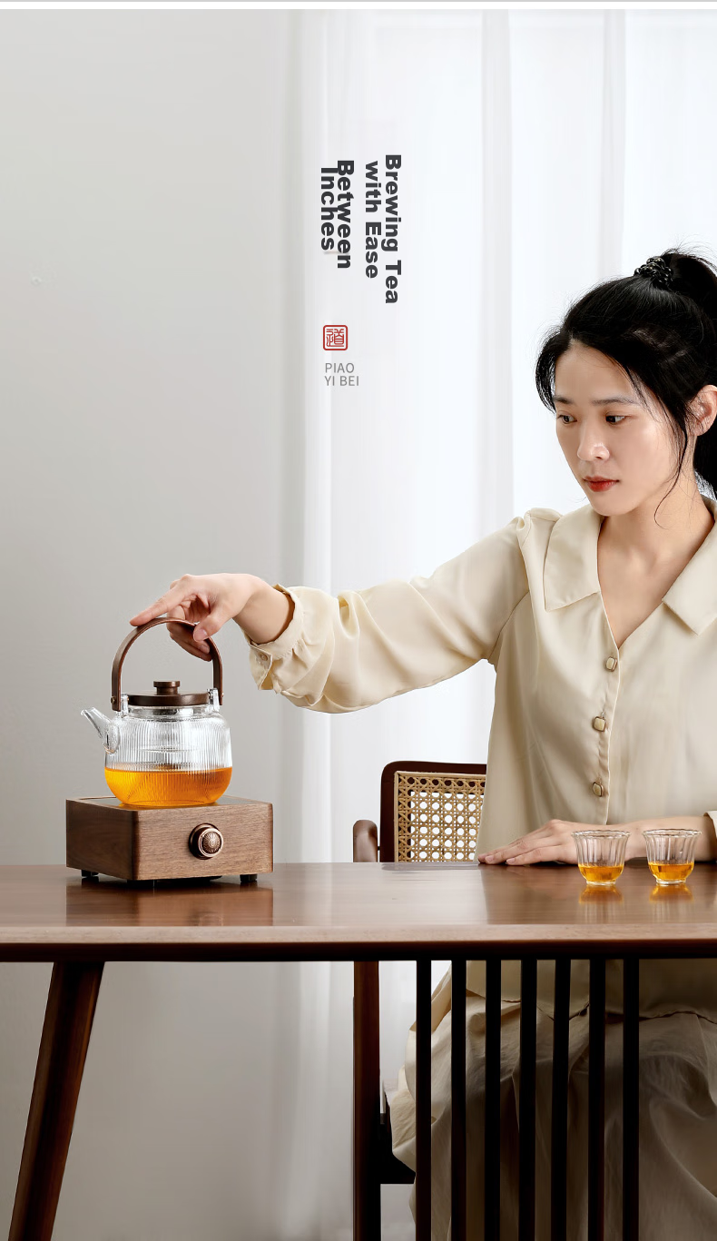 Shangyanfang Walnut Wood Electric Ceramic Stove Tea Maker, Small Office Single-Person Glass Tea Pot, Electric Water Boiler, Tea Stove Set 1