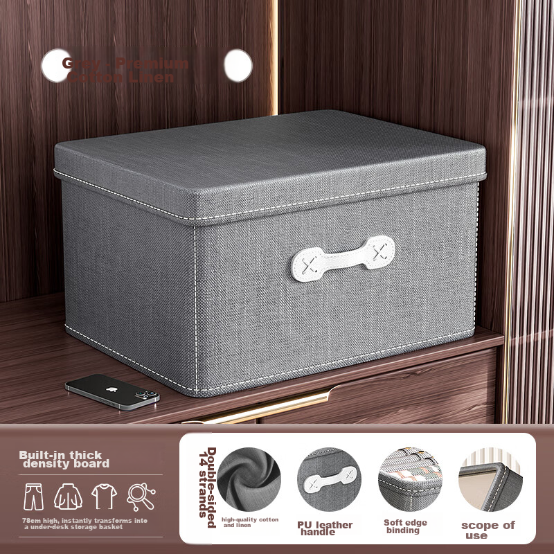 Bangnimeijia Cotton And Linen Storage Box for Home Wardrobe, Foldable Storage Container for Bedroom, Dark Gray - Large Size 30L
