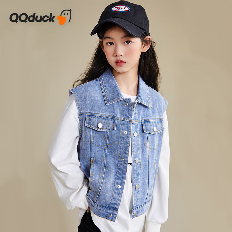 QQ DUCK Children's Denim Vest, Girls' Sleeveless Jacket, Youth Clothing, Classic Vest in Light Blue; Size 130