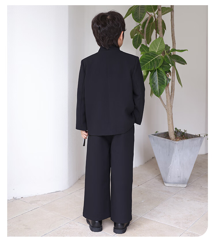 LUOBOBEIBEI Boys' New Chinese Style Ethnic Jacket Children's Traditional Tang Suit Performance Outfit Black Two-Piece Set 160 2