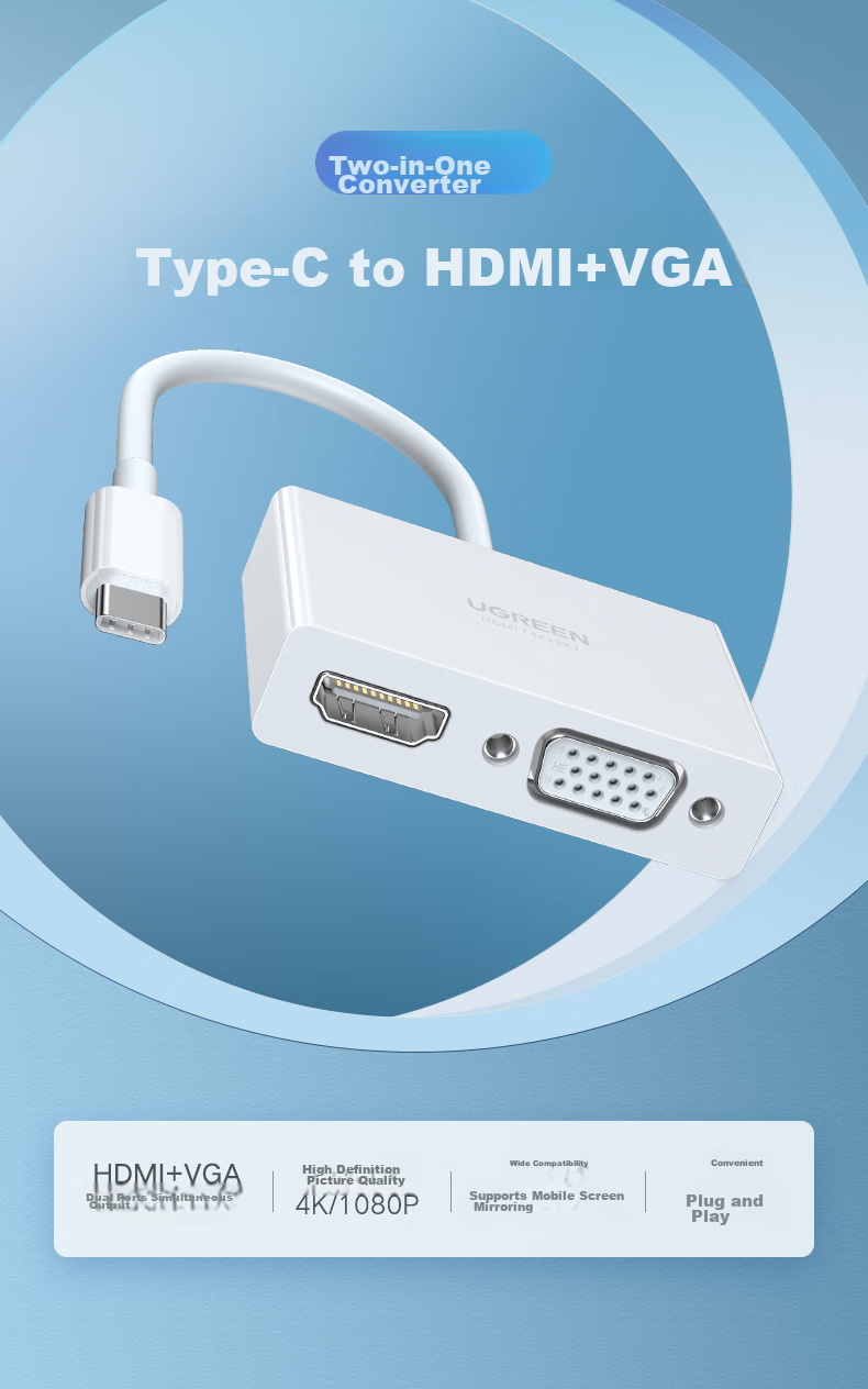 UGREEN Type-C Expansion Dock Dual-Screen Display USB-C to HDMI/VGA Adapter Converter High-Definition 4K Screen Mirroring Device Compatible with Apple 16/17 Mac Laptops And IPad 1