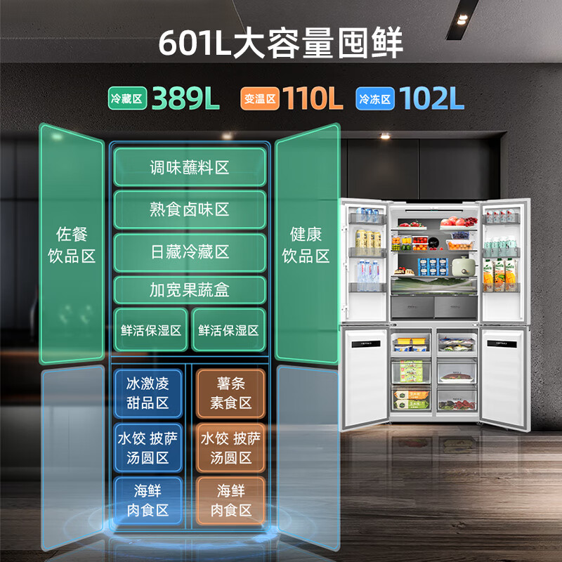 美菱601升冰箱四开门超薄嵌入式一级能效风冷无霜底部散热十字电冰箱 【无忧嵌】BCD-601WPU9CT-陶瓷白