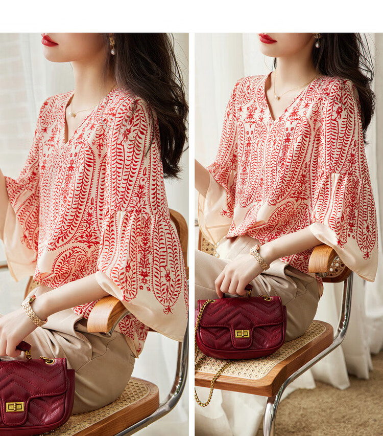 Dme [Chiffon Hibiscus Linen Shirt] Summer V-Neck Three-Quarter Sleeve Paisley Print Blouse Women's Top 12