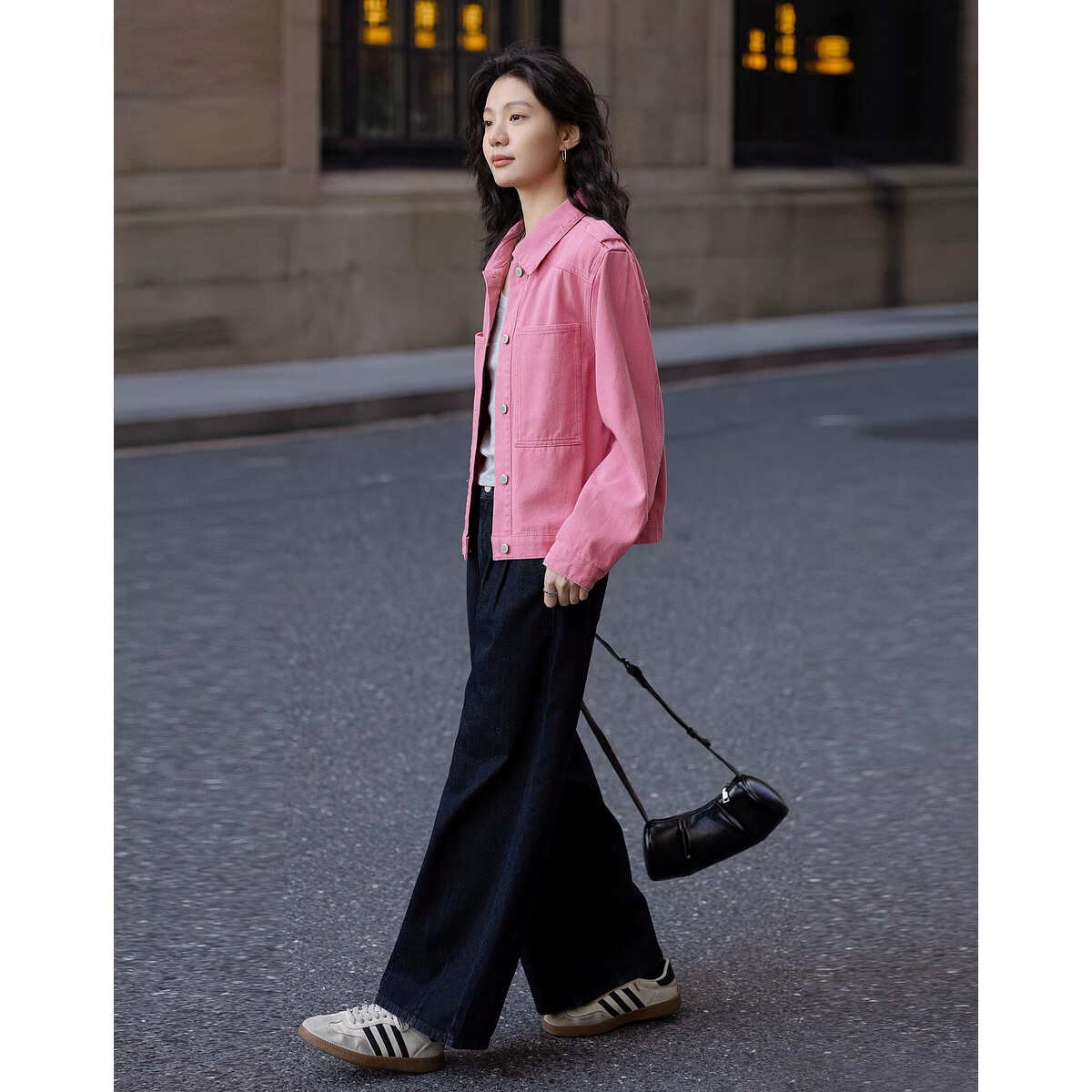 Dme [Zhai Ai Dian Ning] Spring Simple Commuter Cloud-Feel Cotton Shoulder Patch Decorated Lapel Sharp Short Women's Denim Jacket