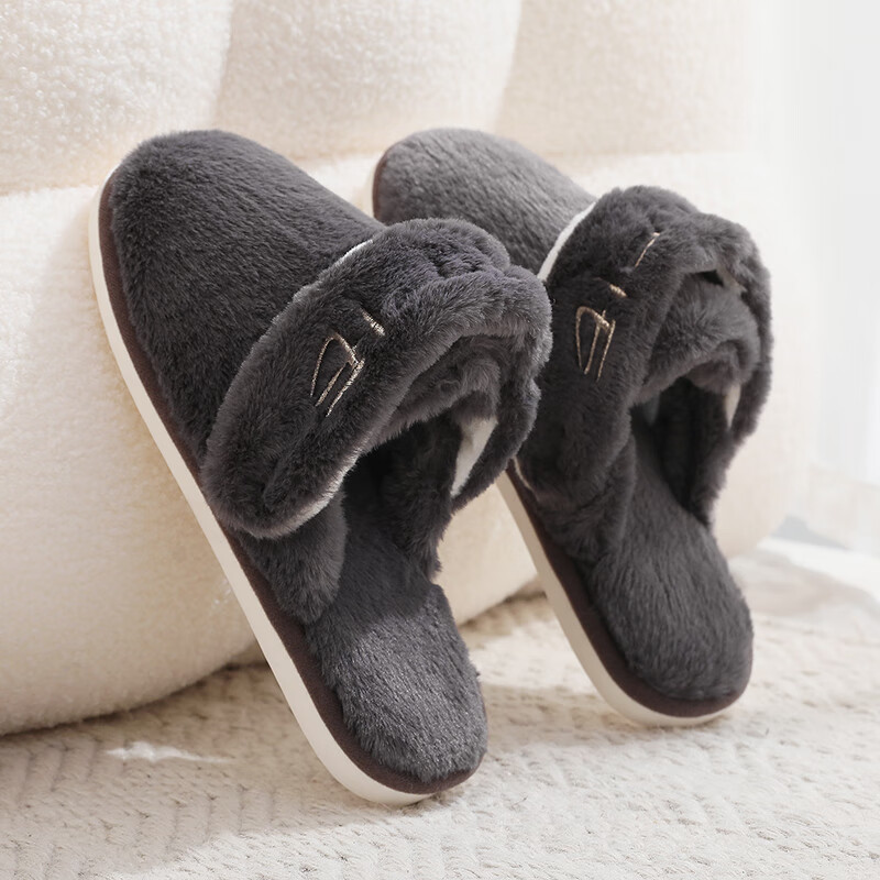 GUOLUOFEI Couple's Cotton Slippers, All-Season Autumn Home Plush Fleece-Lined Warm Soft-Soled Cotton Shoes for Men And Women, Iron Gray, Size 43-44