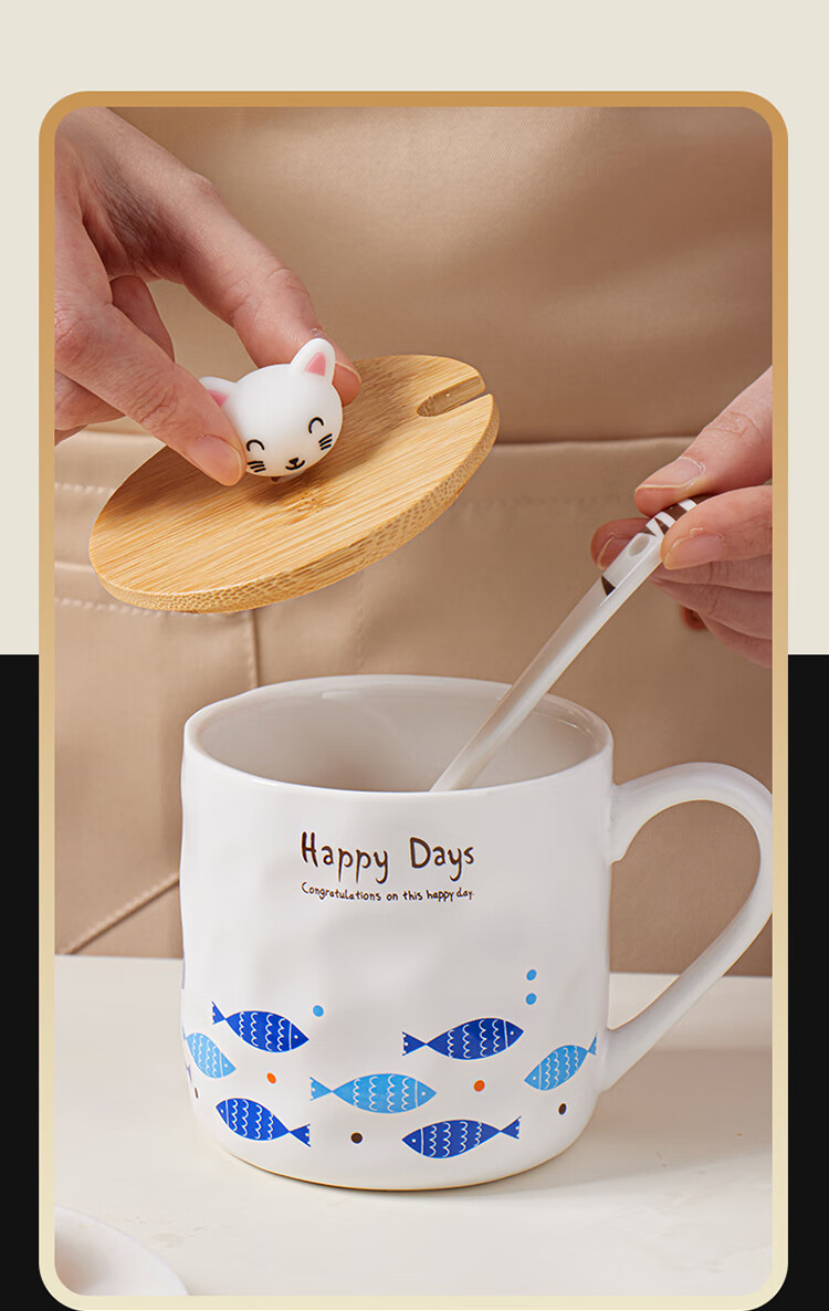 BJ White Mug, Breakfast Children's Water Cup, Ceramic Mug with Lid, Large Capacity Milk Cup, Coffee Cup, Couple's Mug 4