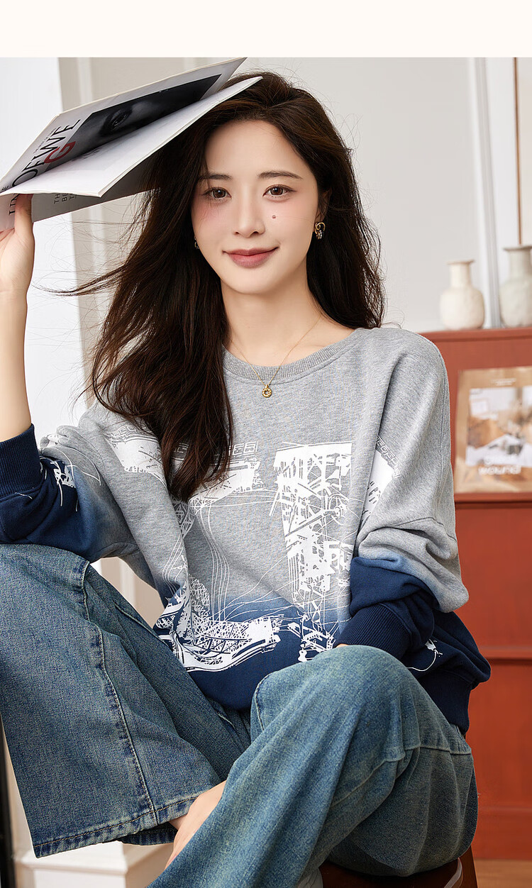 Dme [Stylish Gradient Casual Sweatshirt] Spring And Autumn Cotton Round Neck Loose Slightly Elastic Sweatshirt Women's Top, Flax Gray, S 11