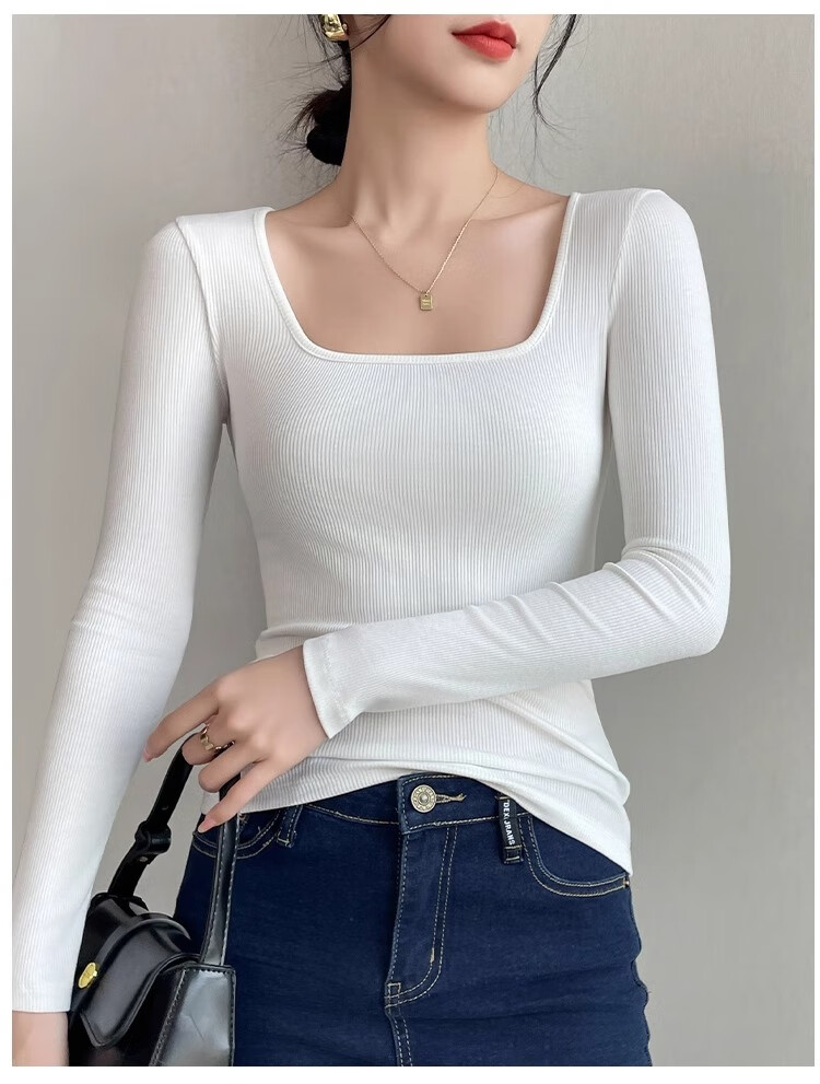 NOME Square Neck Ribbed Long Sleeve T-Shirt for Women, Autumn New Style Design Waist-Cinching Slimming Inner Layer Top, Black, M 10