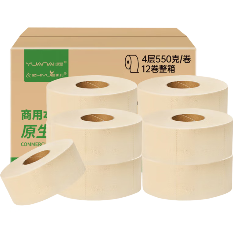Zhiyue Commercial Toilet Paper, 4-Ply, 550g*12 Rolls, Large Core Roll, Bathroom Tissue, Hand Towels, Whole Box