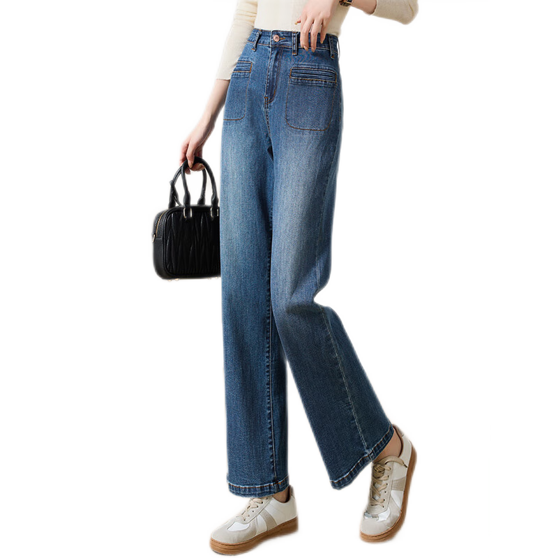 Taxiang High-Waisted Jeans with Pockets for Women, Wide-Leg Pants, Versatile Straight-Leg Trousers, Fashionable Women's Pants, Long Pants T143N1016