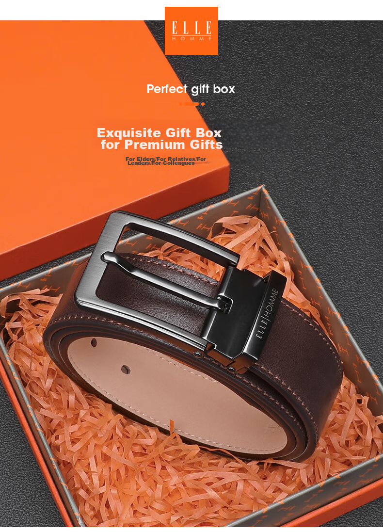 ELLE HOMME Men's Belt, Top-Grain Leather Pin Buckle Waistband, Fashionable Casual Trouser Belt for Men, Birthday Gift for Boyfriend 1