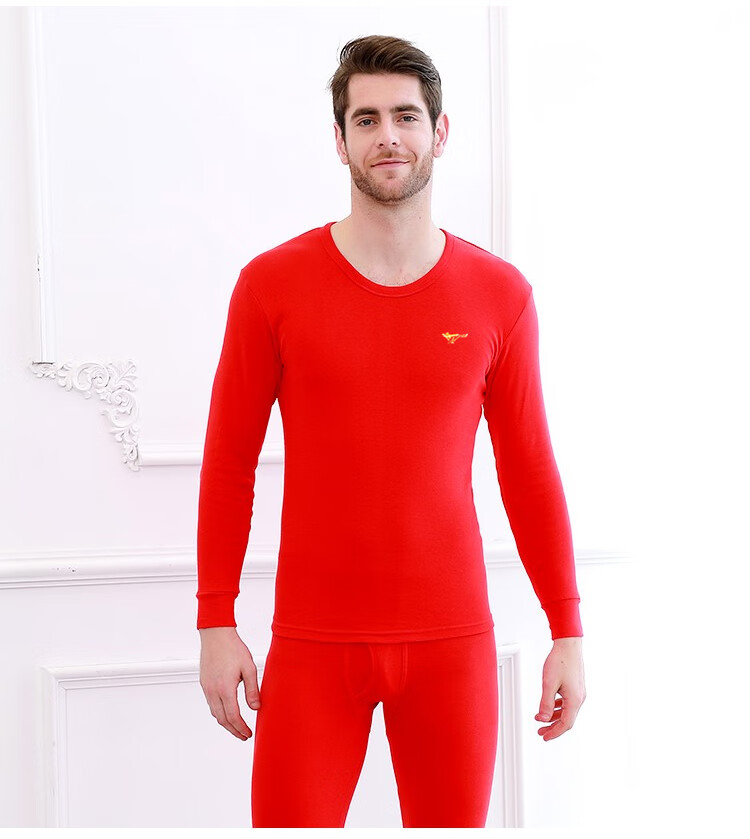 SEPTWOLVES Men's Red Cotton Thermal Underwear Set for the Year of the Horse, Round Neck Autumn Top and Bottom Gift Box 3