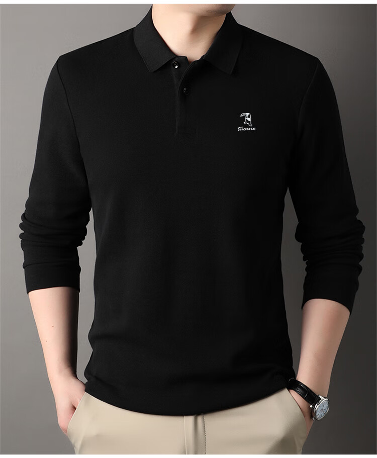 TUCANO Long-Sleeve Cotton Polo Shirt for Men, Business Casual Comfortable Versatile Top, Black, Size 4XL 10