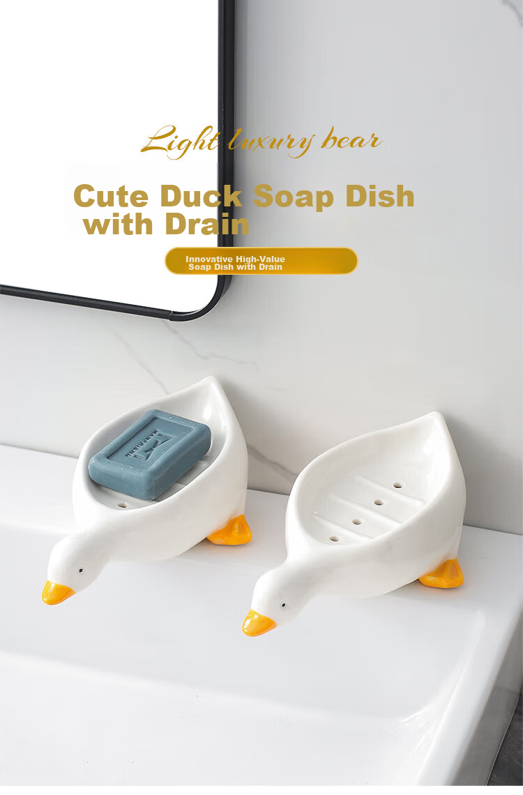 Fanyejia Cartoon Creative Ceramic Soap Dish, Cute Duck Soap Holder, Storage Rack for Bathroom, Non-Draining Soap Tray 1