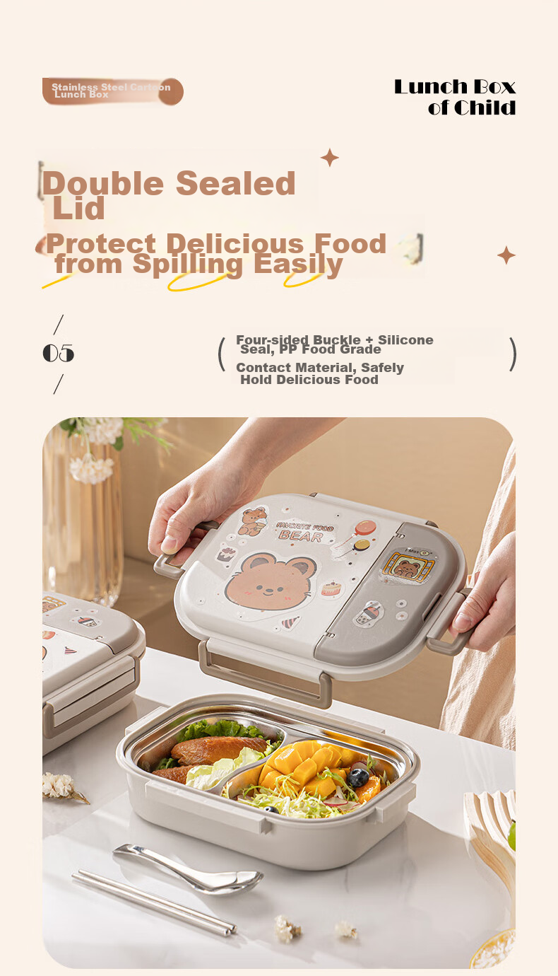 Guangyi 316 Stainless Steel Lunch Box for Elementary School Students And Office Workers, Children's Meal Box with 2 Compartments And Utensils GY7417 5