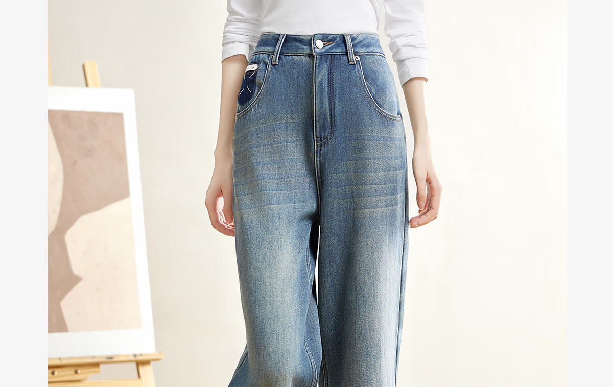 Halo Queen Women's Jeans, Spring And Autumn High-Waisted Slimming Cat Paw Design, Fashionable Versatile Straight-Leg Pants, New Product H144N3001 1
