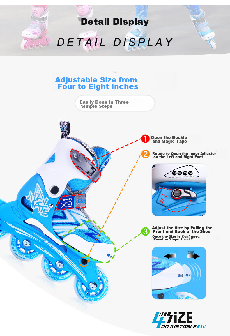 Micro Ice Skates for Children, Boys And Girls, Micro Roller Skates Suitable for Primary And Secondary School Students, X3 Blue Single Shoe Size L 5