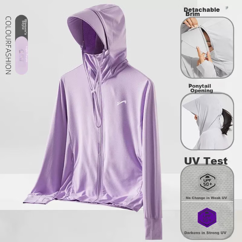 Guirenniao Sun Protection Clothing for Men And Women, Summer Lightweight Breathable Hooded Style for Young Couples, Light Purple [Women's Style], 3XL