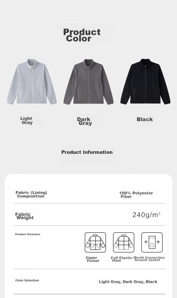 JD Original Fleece Jacket, Anti-Static Fleece Coat, Warm Sweatshirt Jacket, Unisex T-Shirt Base Layer, Light Gray, 3XL 18