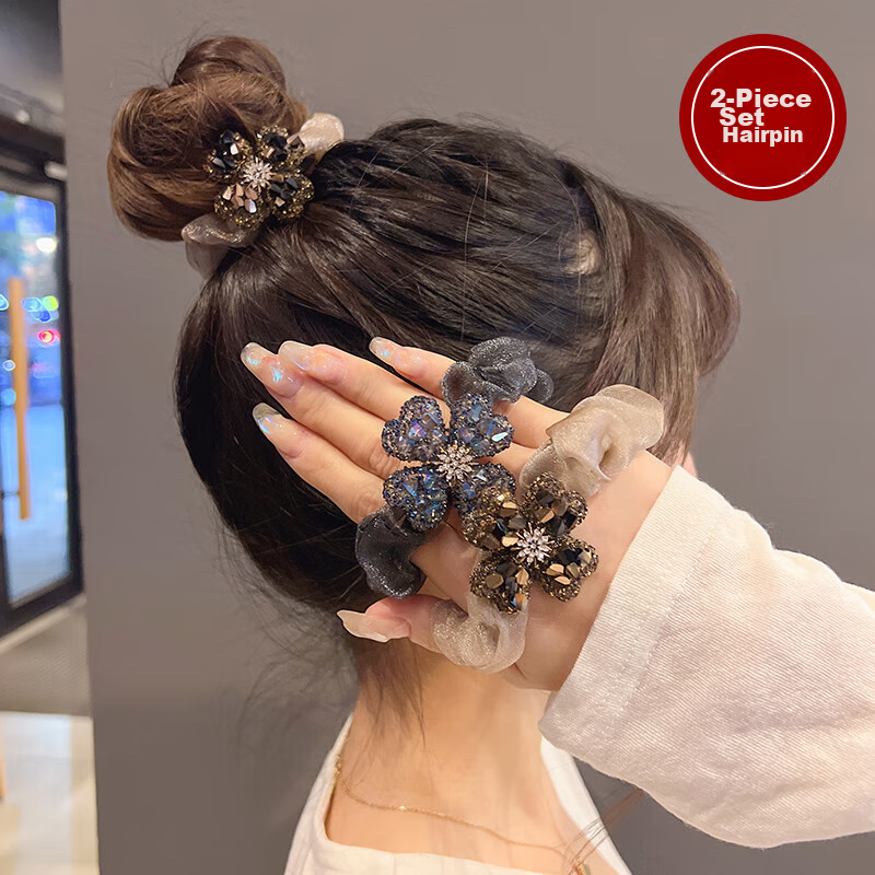 Dijing Water Diamond Large Intestine Hair Tie, Elegant Four-Leaf Clover Hairband, Vintage Rubber Band, Hair Tying Rope, Birthday Gift for Girlfriend