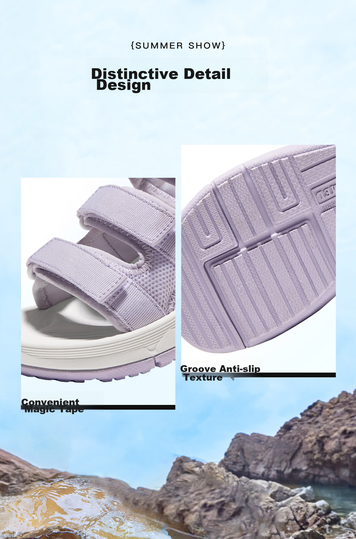 CAMEL Velcro Contrast Color Beach Sandals, Women's Sports Casual Shoes, K24B16L2010, Lavender Purple, Size 38 44
