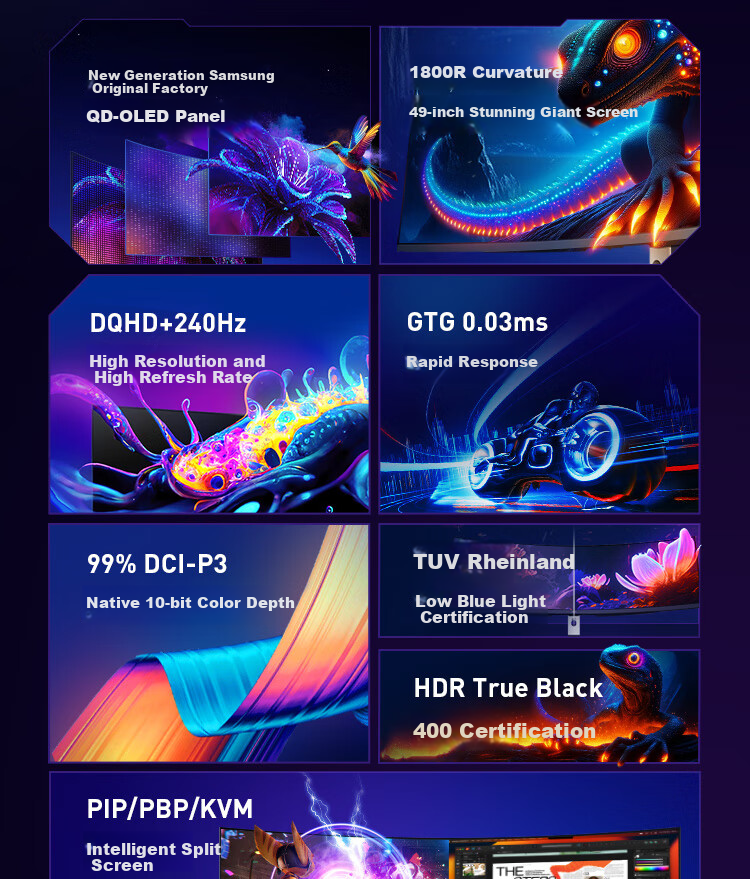 HKC 49-Inch QD-OLED Curved 5K, 240Hz Ultra-Wide Gaming Screen, HDR400, Hardware Low Blue Light, 10bit, E-Sports Type-C 90W, Rotatable And Height-Adjustable Monitor GS49UK 3