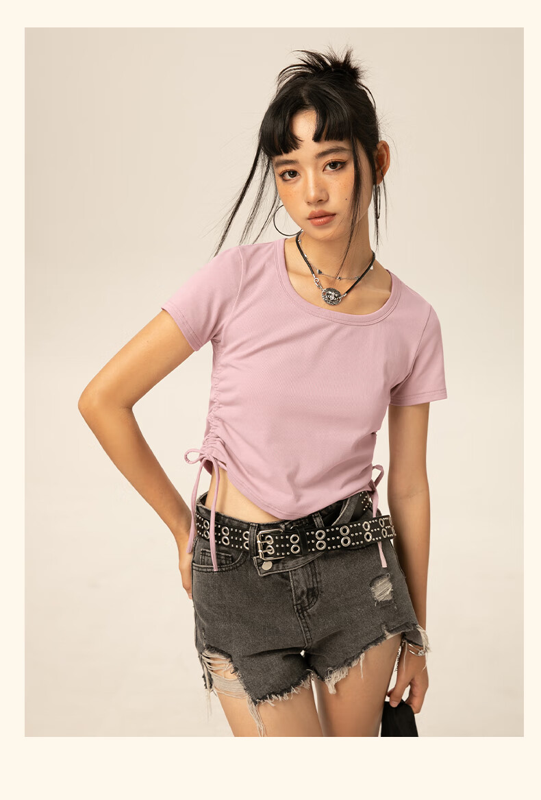 Warrior Red Short Sleeve T-Shirt Women Summer 2026 New Knitted Drawstring Half Sleeve Slim Waist Crop Top 15