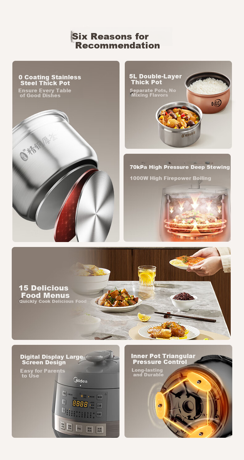 Midea 0 Coating Thick Steel Pot Electric Pressure Cooker 5L Double Inner Pot Fully Automatic Intelligent Reservation Home Soup Cooking Rice Pot MY-C5856G High-Pressure Cooker for 4-6 People 2