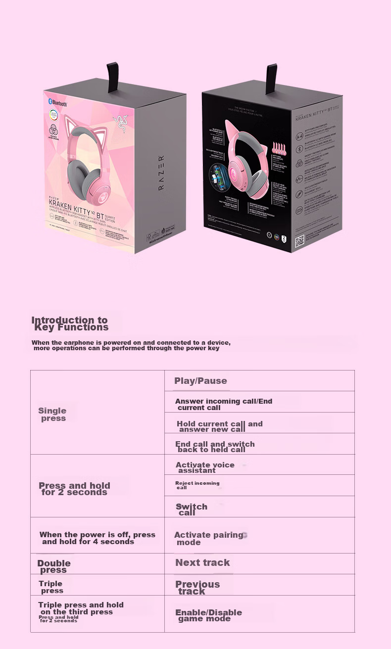 Razer North Sea Giant Cute Cat Edition V2 Bluetooth Version Wireless Over-Ear Gaming Headset Internet-Famous Cat Ears RGB Lighting PUBG Essential Pink Compatible with Delta Actio 9